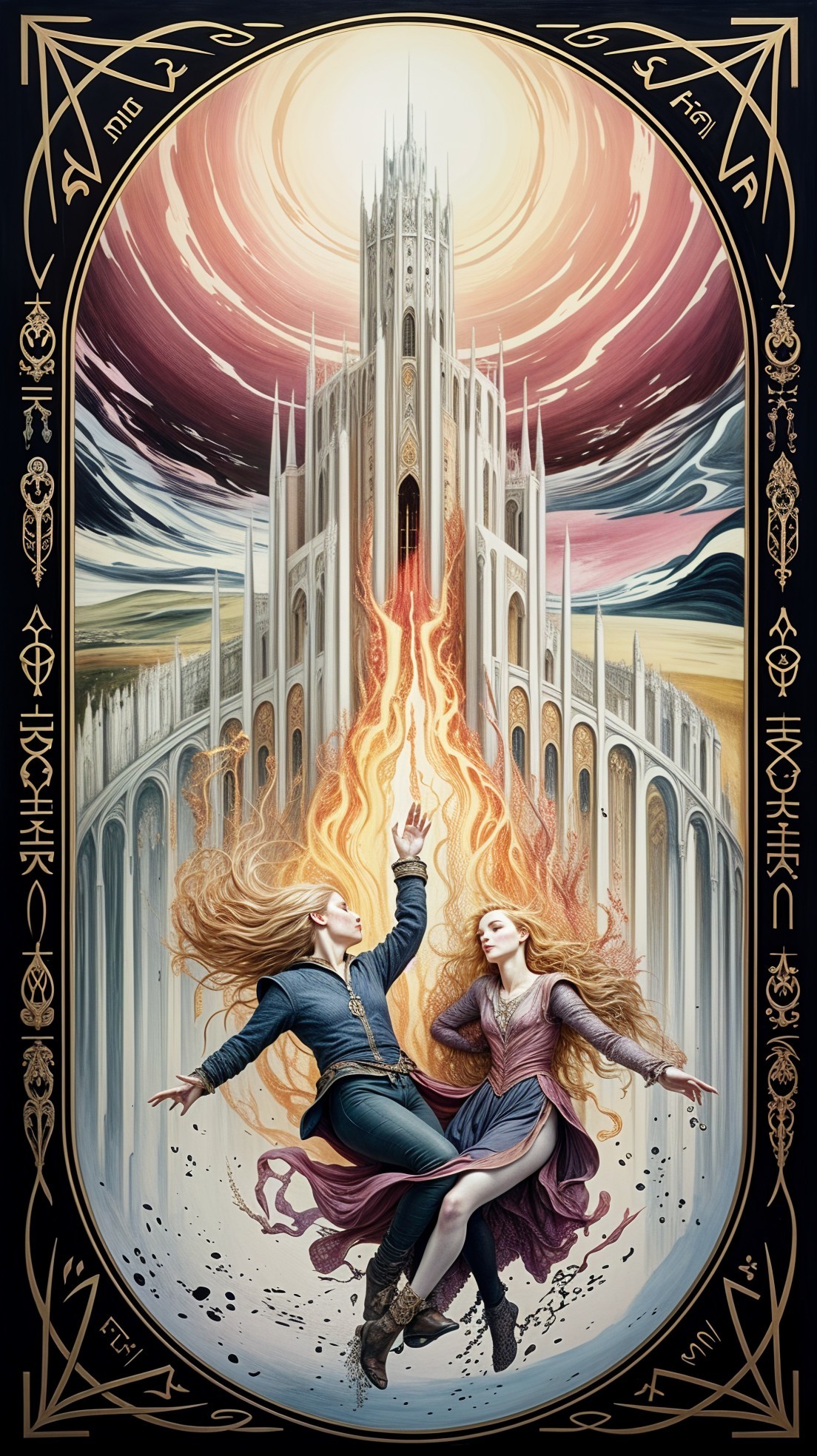 Dynamic Dance Amidst Flames and Gothic Castle
