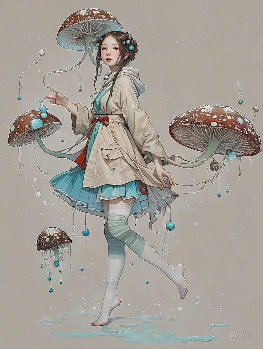 Whimsical Character Amidst Oversized Mushrooms