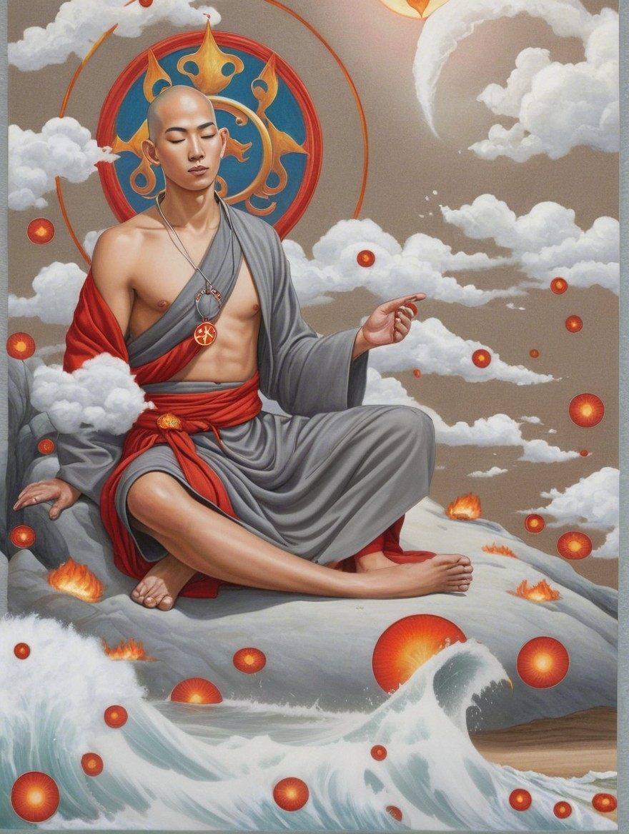 Meditative Figure Surrounded by Ethereal Clouds and Orbs