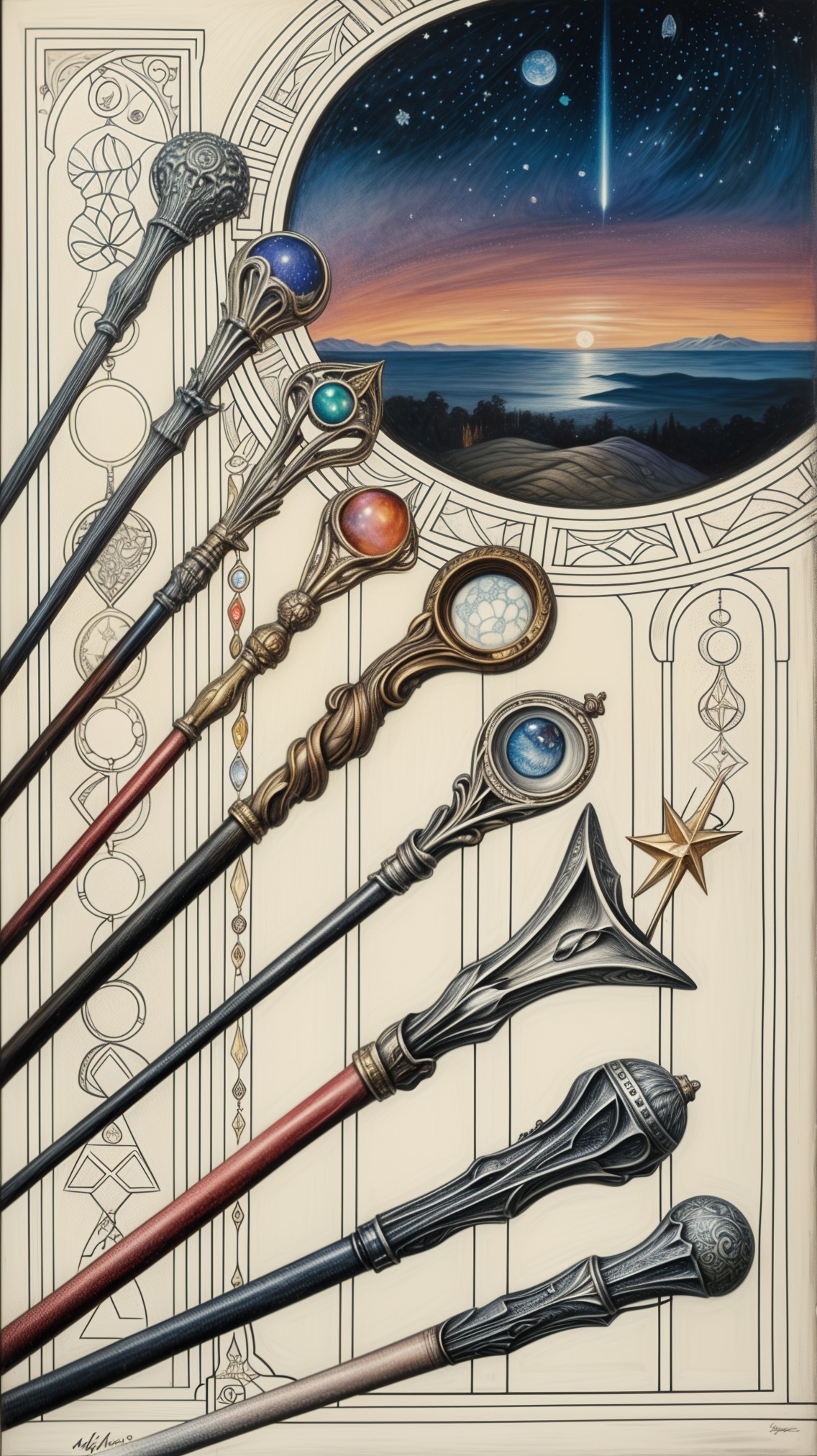 Ornate Wands Against Celestial Illustrated Backdrop