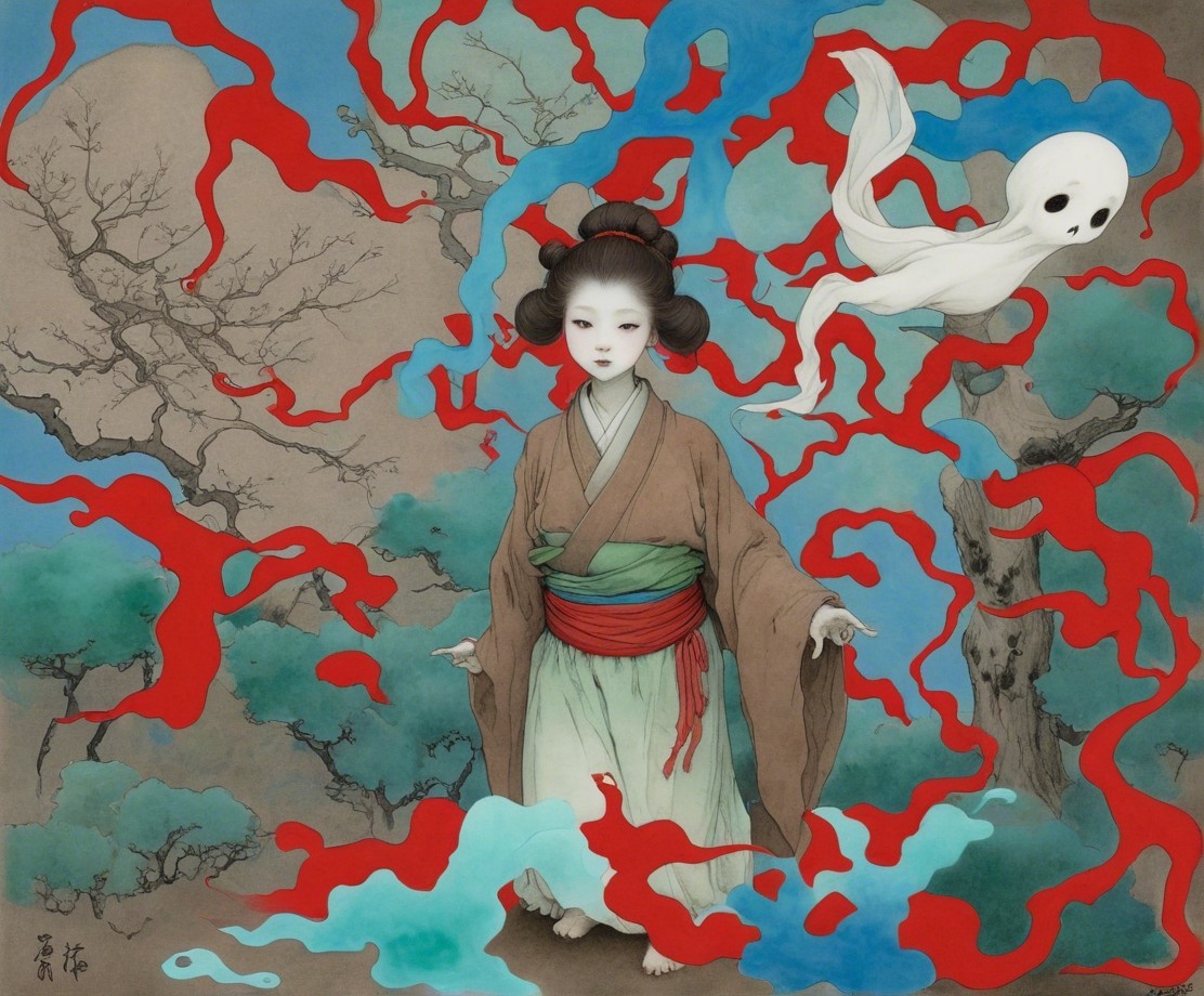 Young girl in traditional attire amidst swirling tendrils