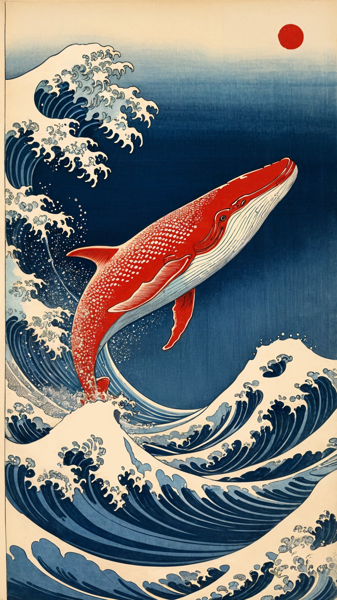 Red Whale Breaching Amidst Vibrant Ocean Waves