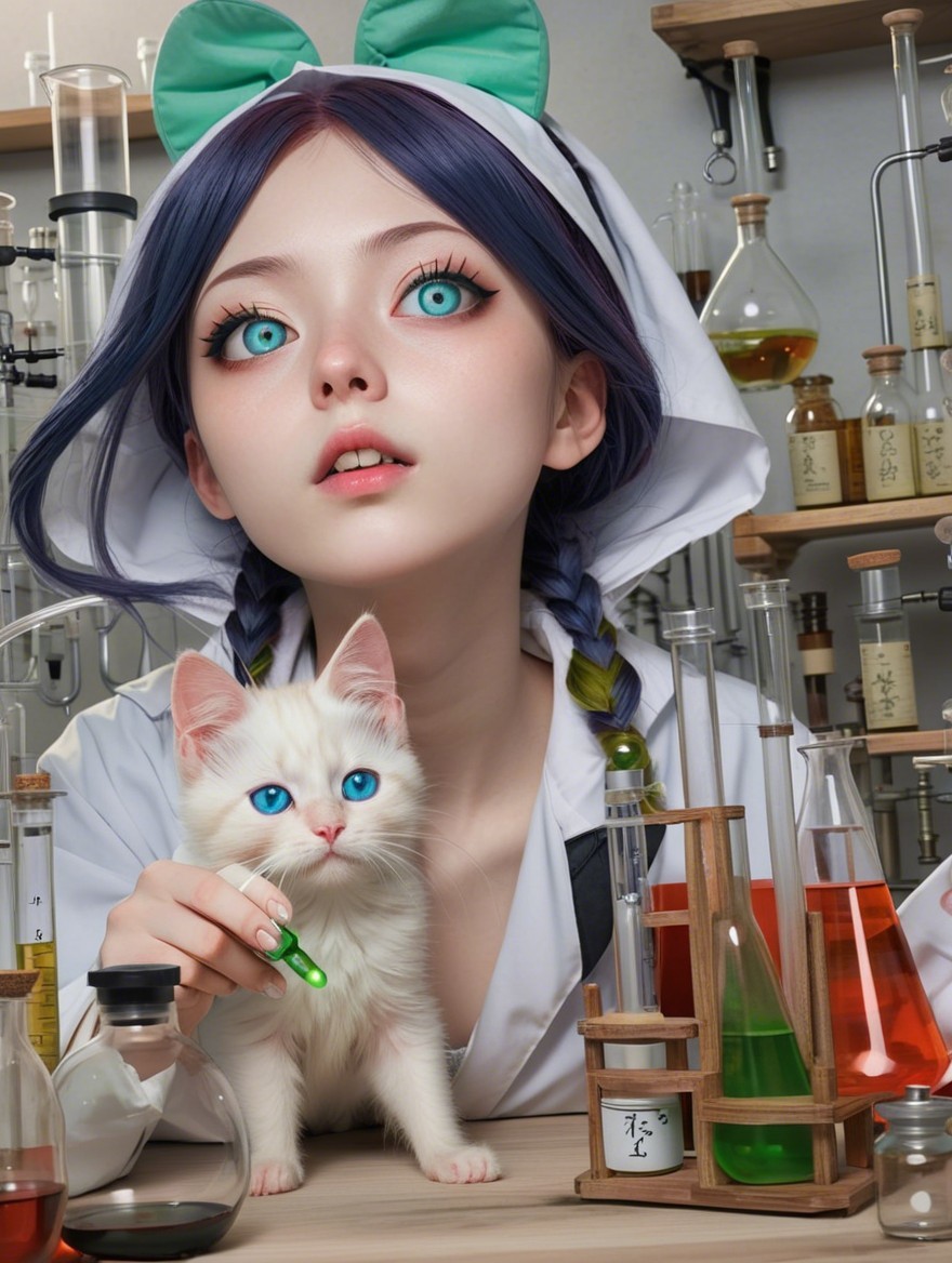 Young girl in lab coat with kitten and colorful glassware