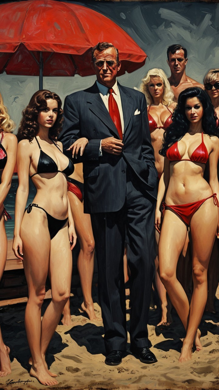 Dapper Man in Suit Among Women in Vintage Beach Scene