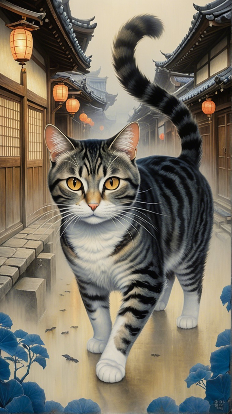 Tabby Cat in Serene Alleyway with Lantern Light