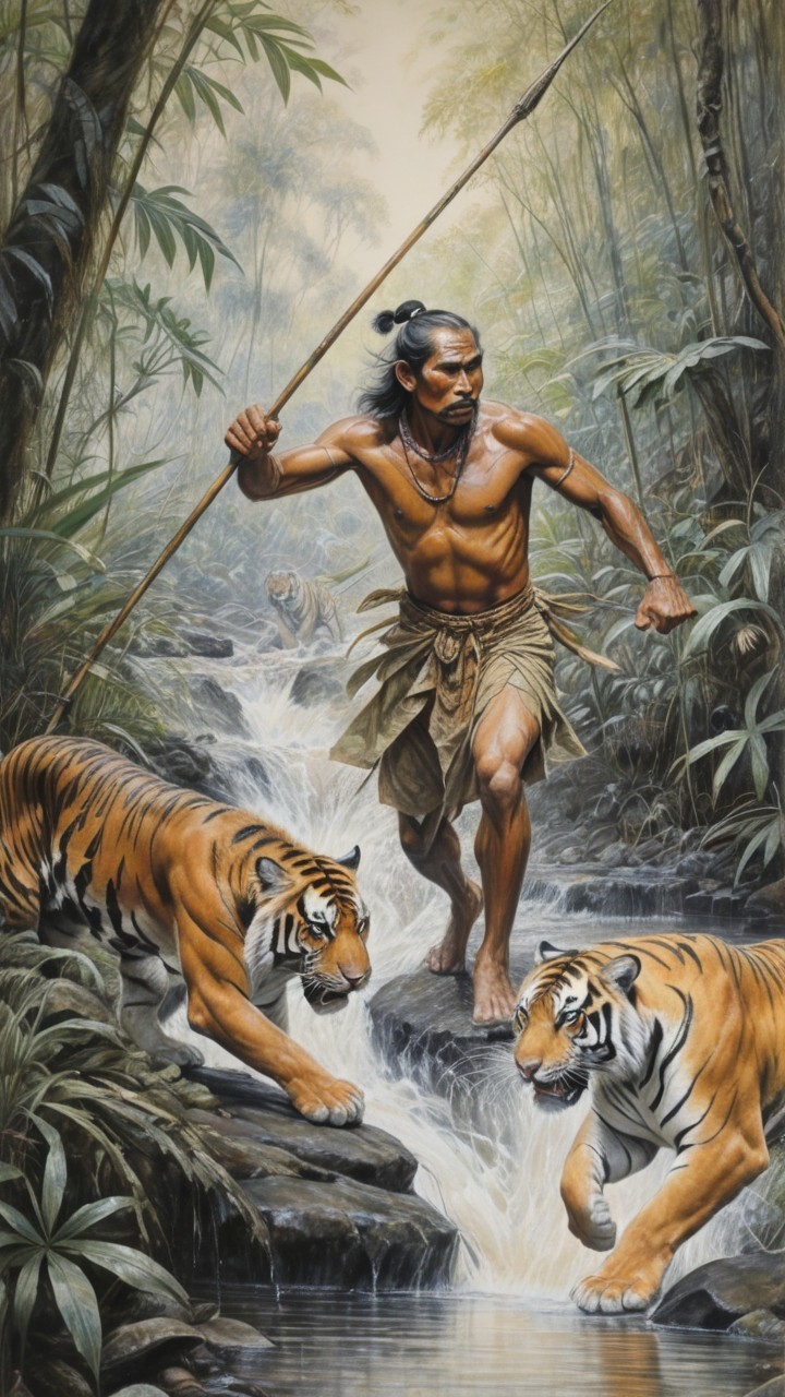 Muscular Man with Spear and Tigers in Jungle Setting