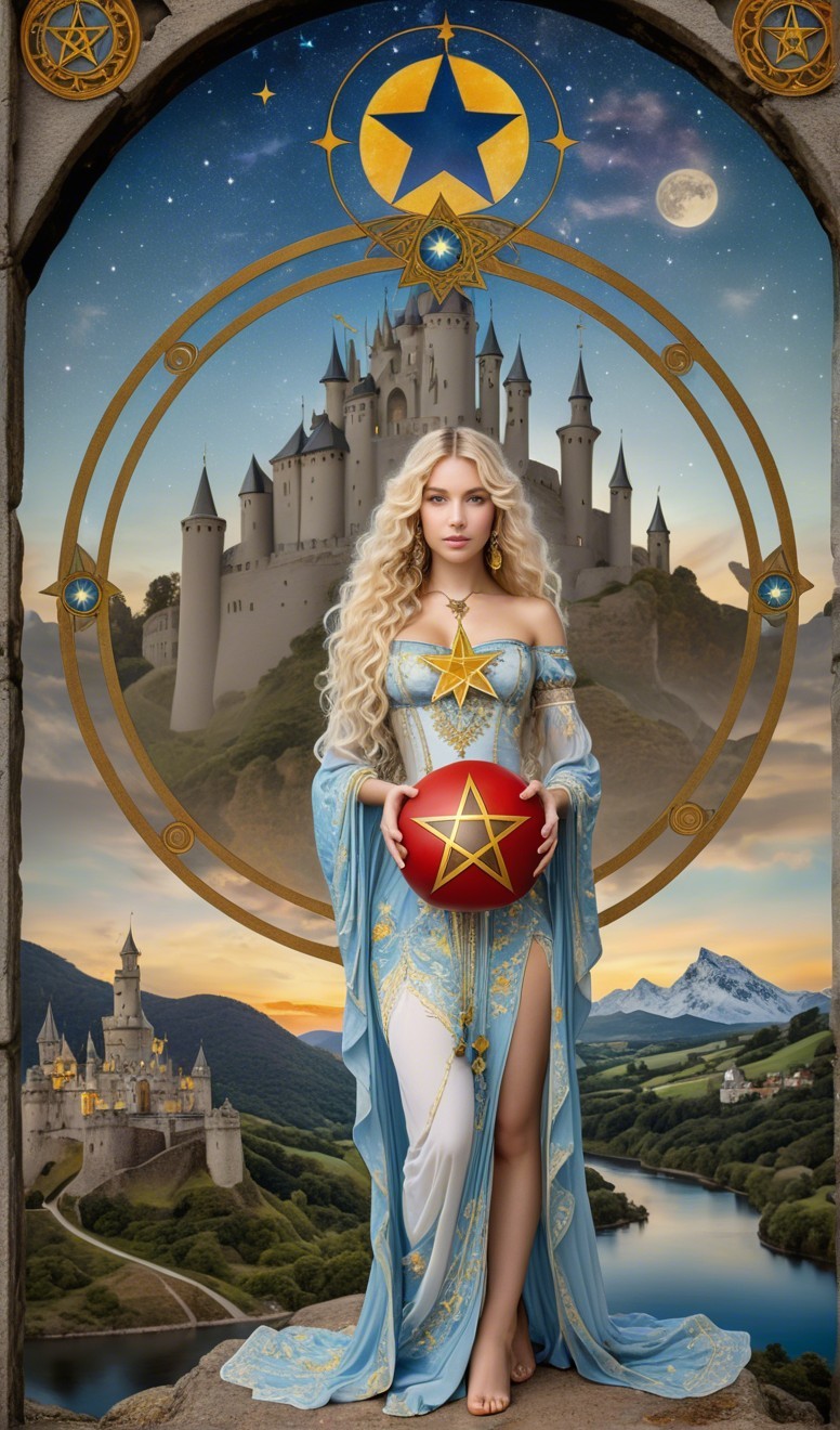 Mystical Figure in Blue Gown with Castle Background