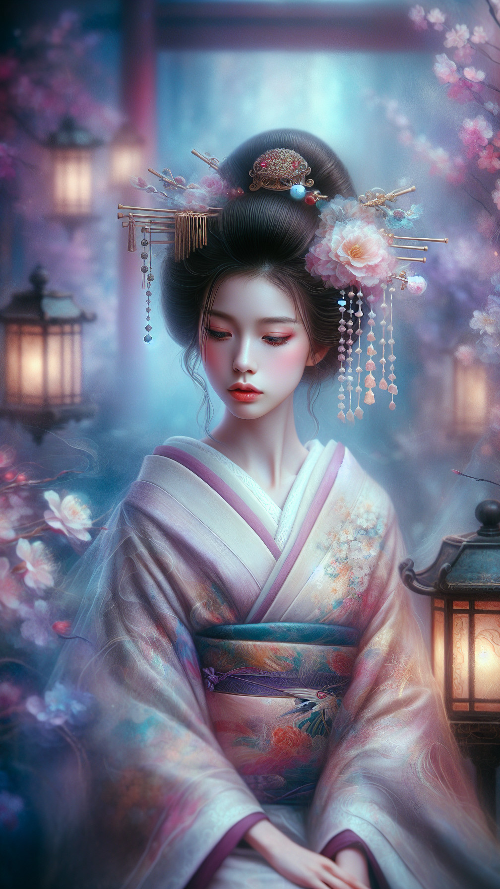 Young Woman in Kimono in Ethereal Landscape