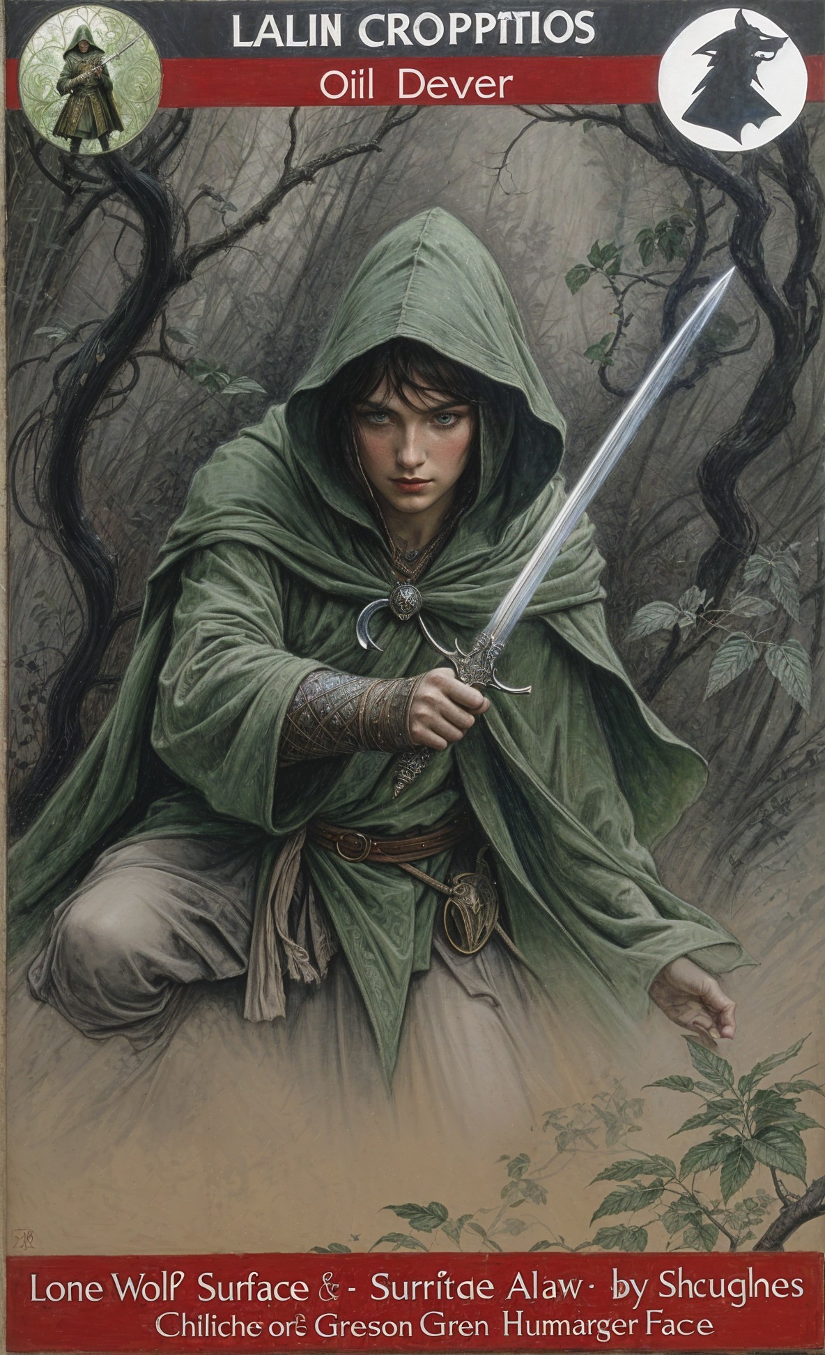 Young hooded figure with sword in lush greenery