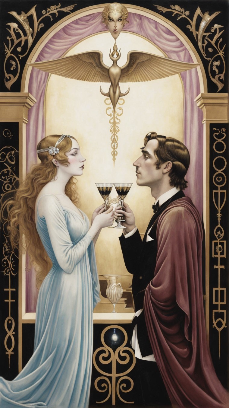 Art Nouveau Couple Toasting with Ornate Goblets