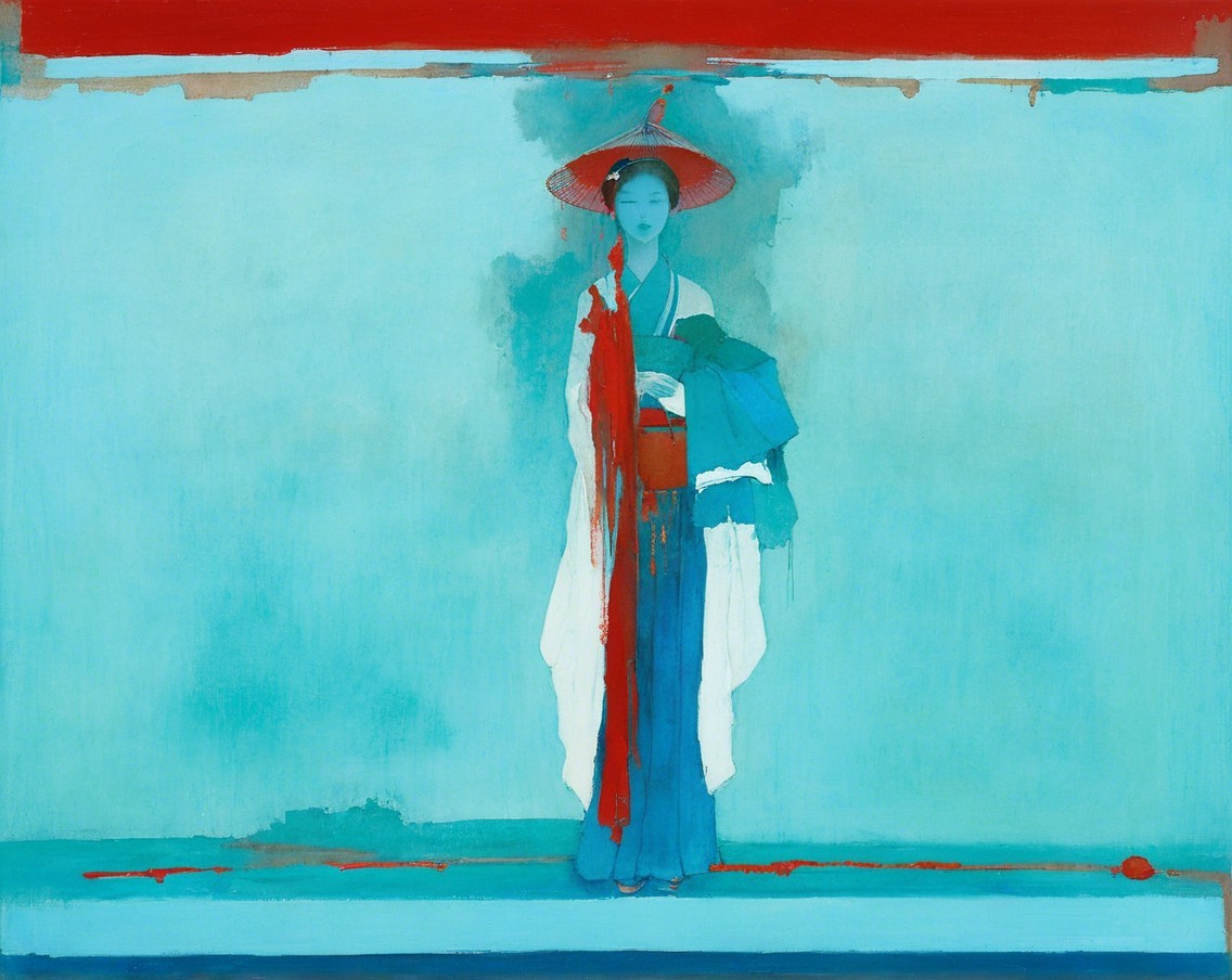 Serene Figure in Traditional Japanese Attire with Red Hat