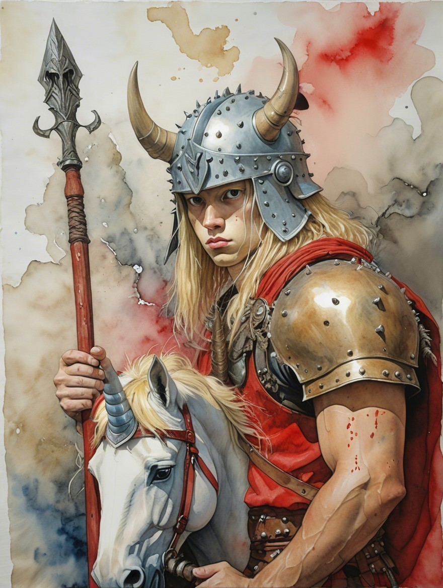 Warrior in Silver Helmet with Mythical White Horse