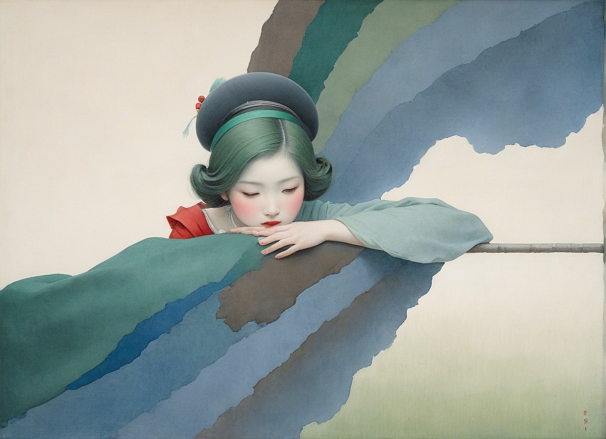 Serene Young Woman in Traditional Attire with Green Hair