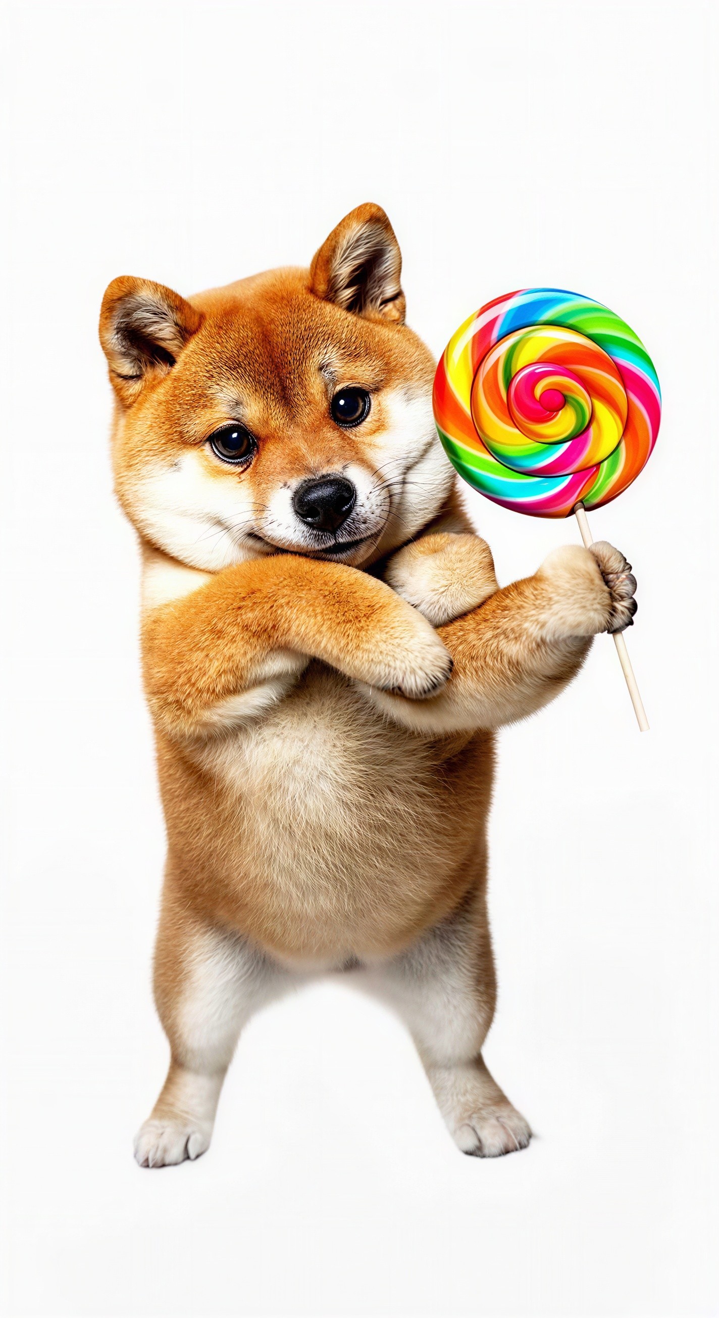 Shiba Inu Puppy with Colorful Lollipop on White Background