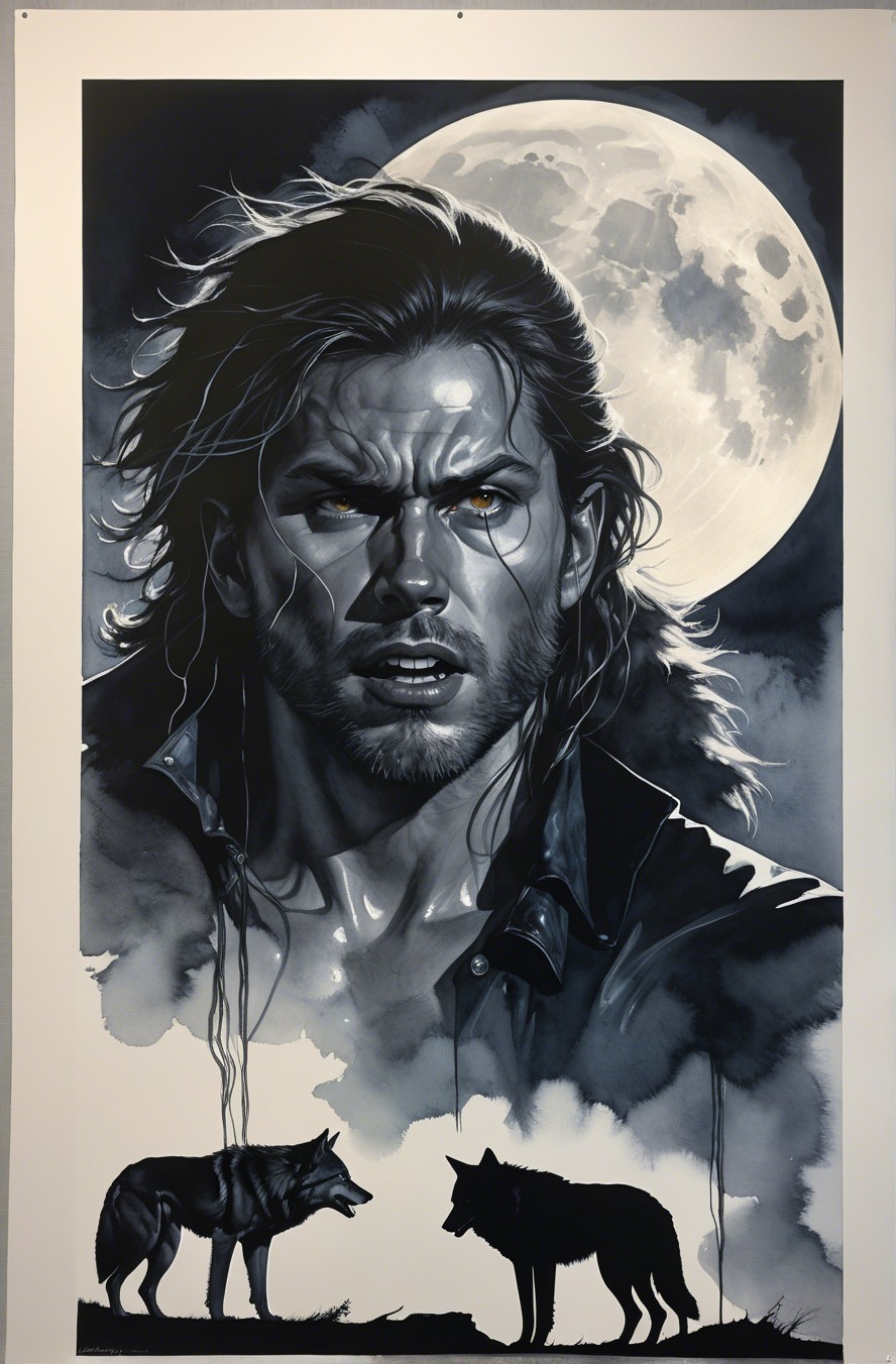 Watercolor Artwork of Man with Wolves and Full Moon