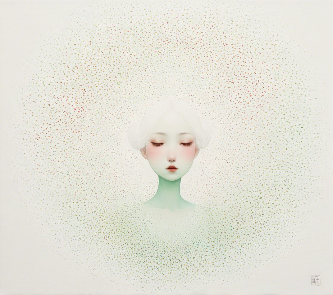 Ethereal Figure with Tranquil Expression and Dot Patterns