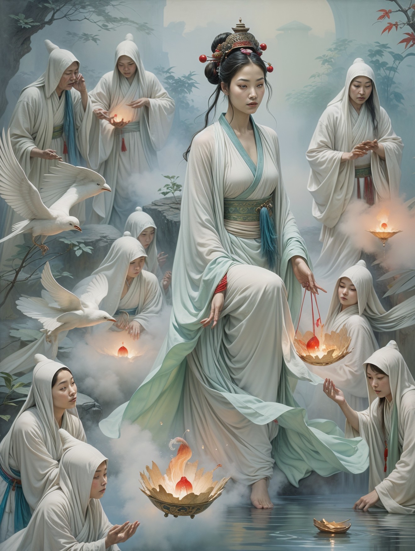 Serene Scene of Women in Rituals with Lanterns and Doves