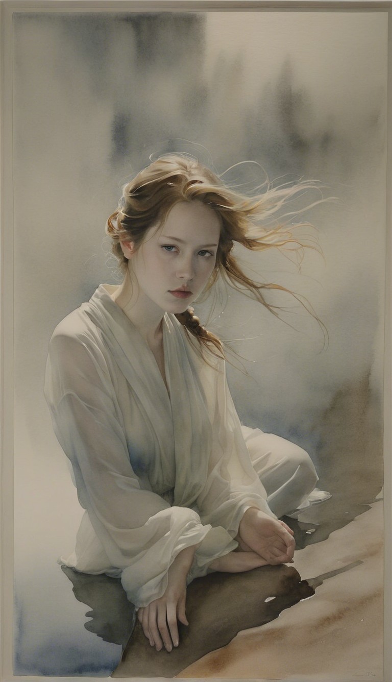 Serene portrait of a young woman in flowing white garment