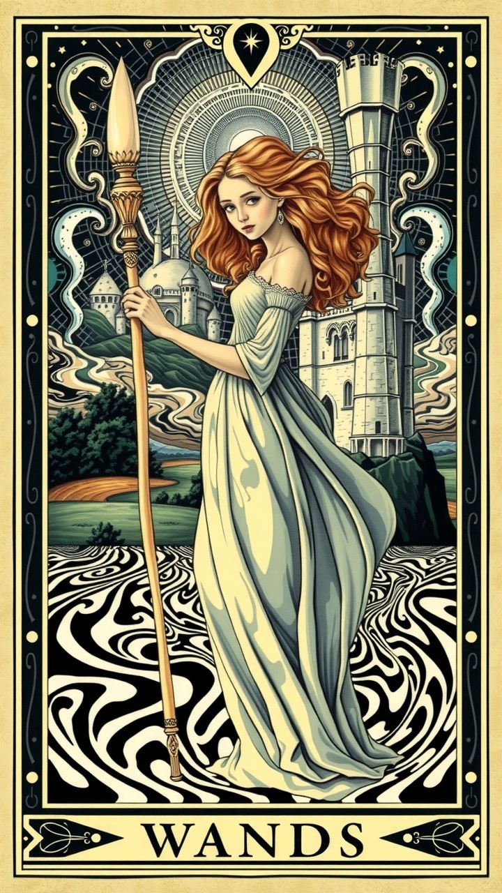 Mystical figure in white gown with ornate wand in landscape