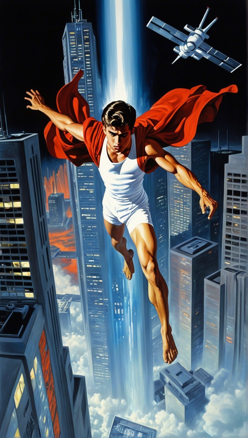 Superman Flying Down in Cityscape with Bright Light