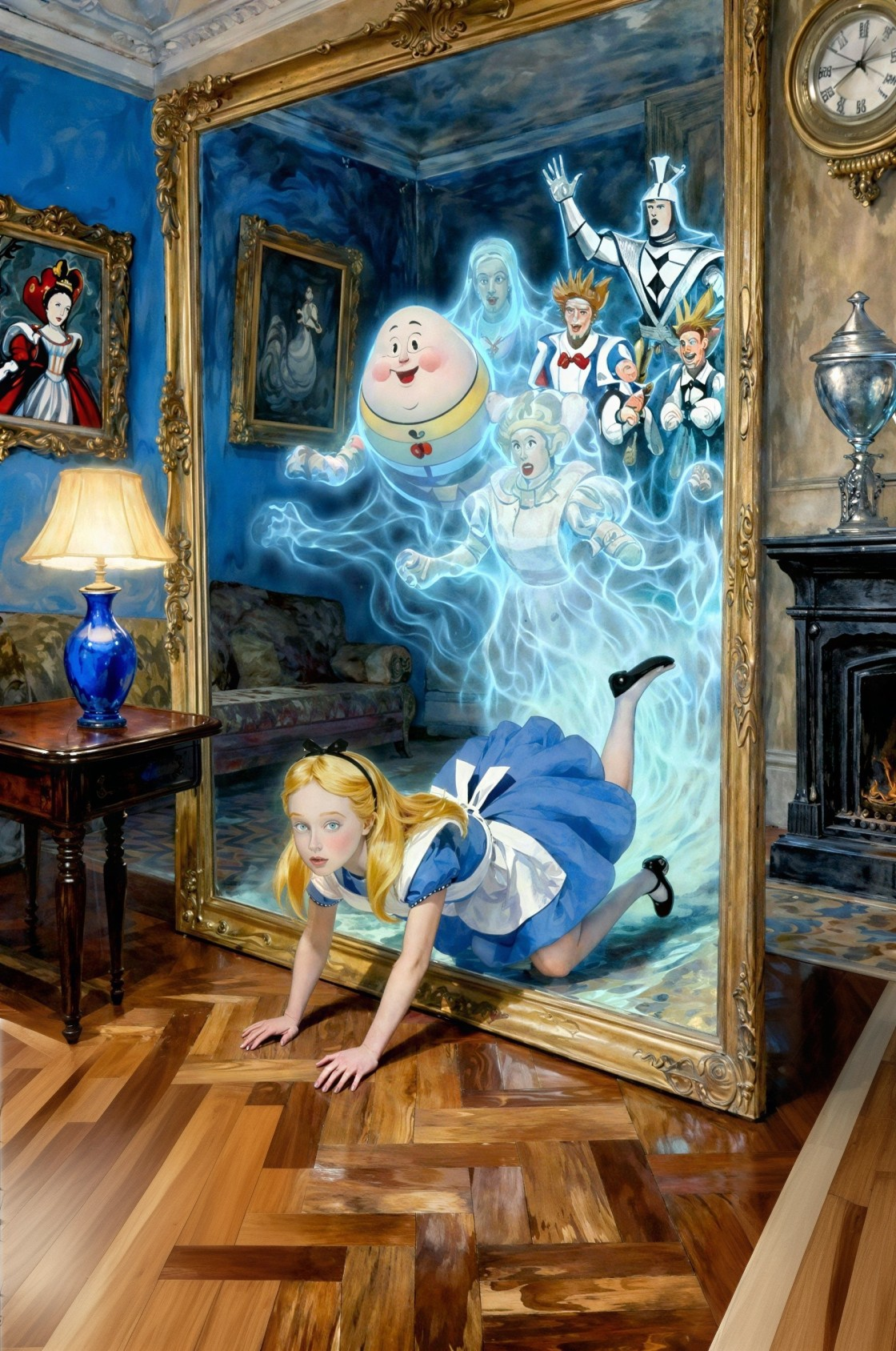 Alice from Wonderland Emerging from a Framed Mirror