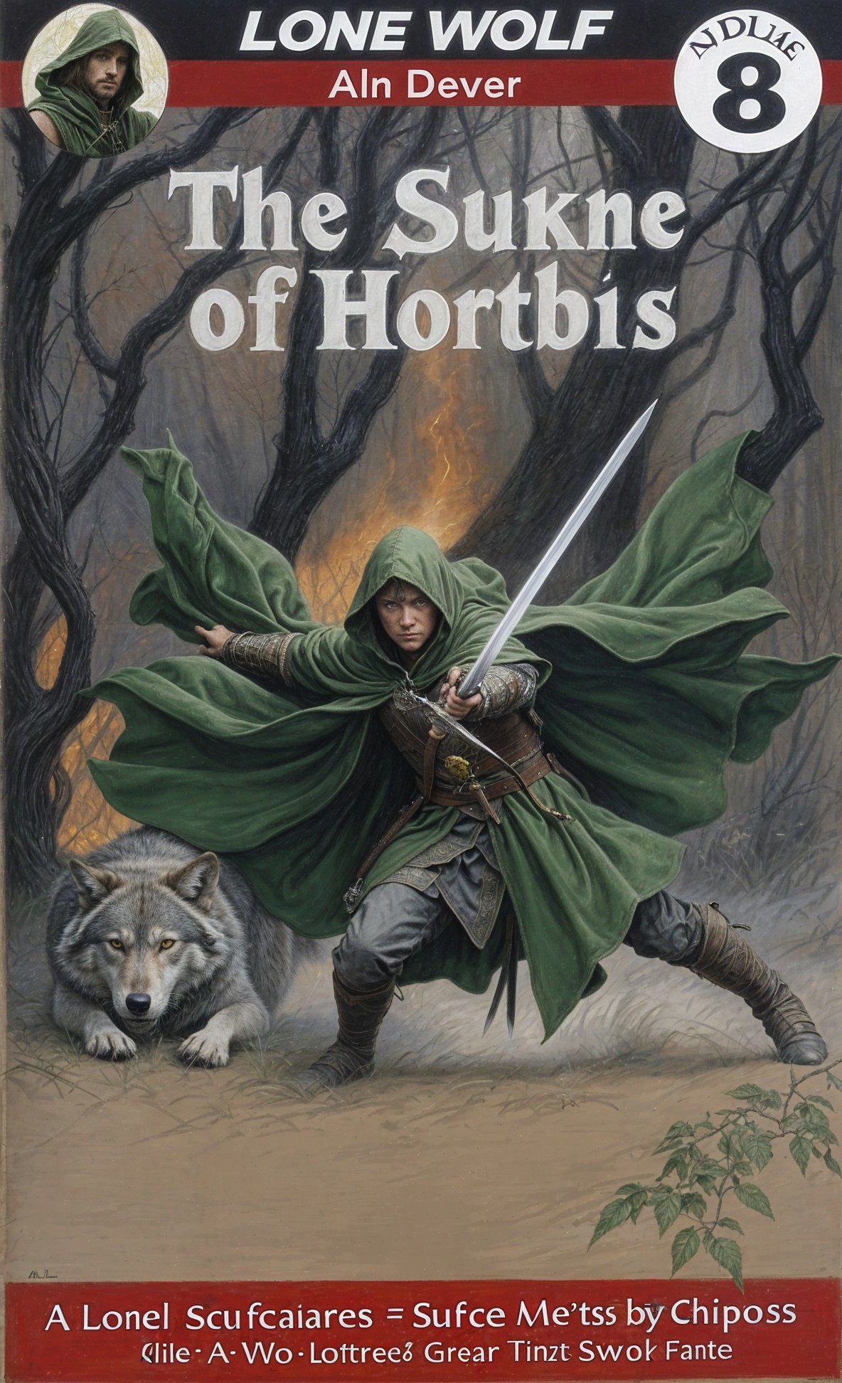 Cloaked Warrior and Wolf in Forest Setting
