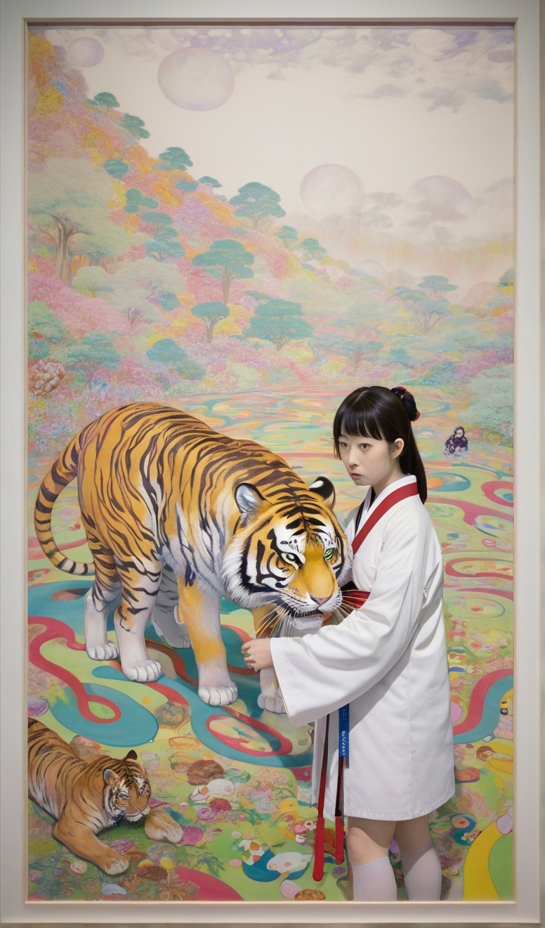 Young Woman with Tiger in Surreal Colorful Landscape