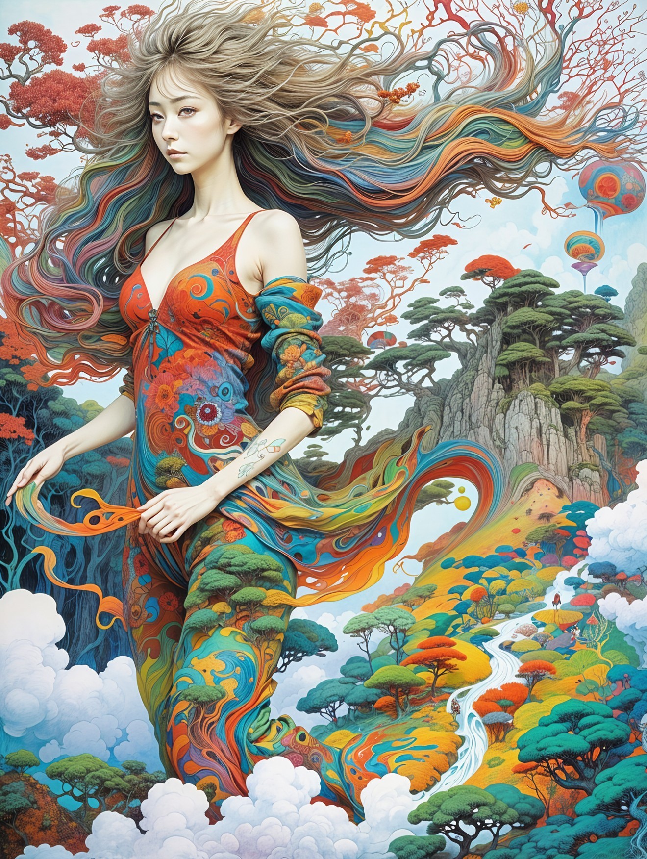 Fantastical Landscape with Serene Figure and Nature Elements
