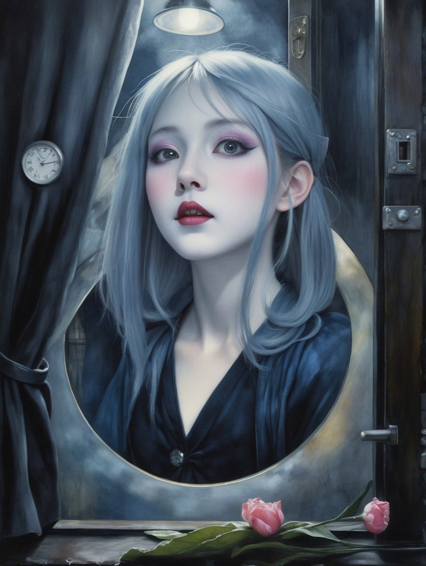 Young woman with blue hair in vintage mirror scene
