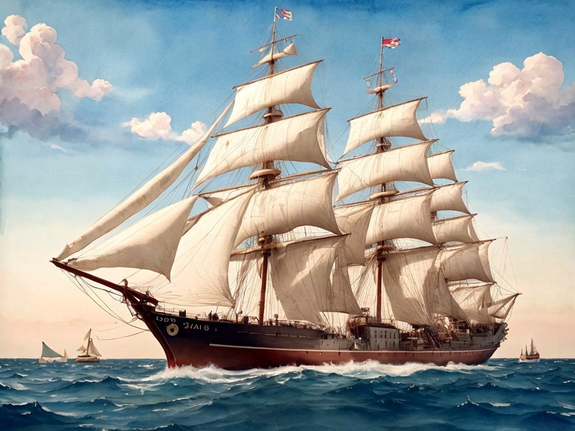 Majestic Three-Masted Sailing Ship on Calm Waters