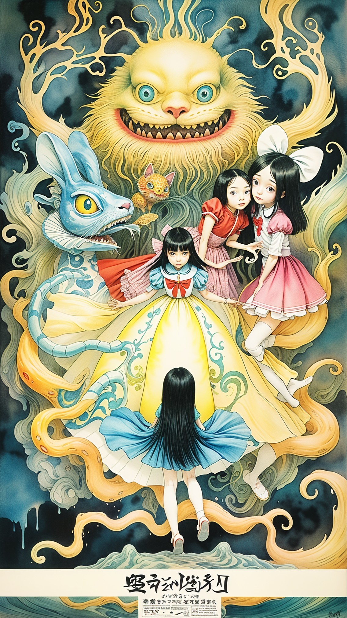 Whimsical Illustration of Girls and Fantastical Creatures