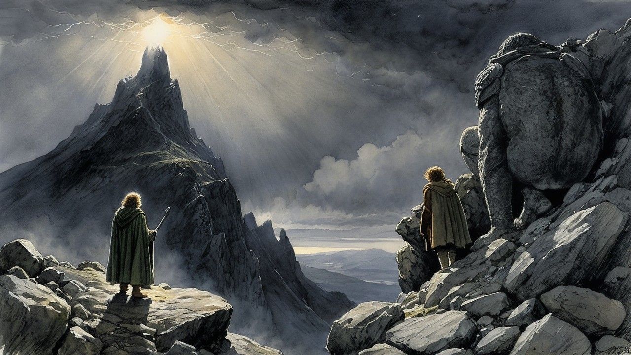 Hobbits on Mountain Path Facing Dark Imposing Peak