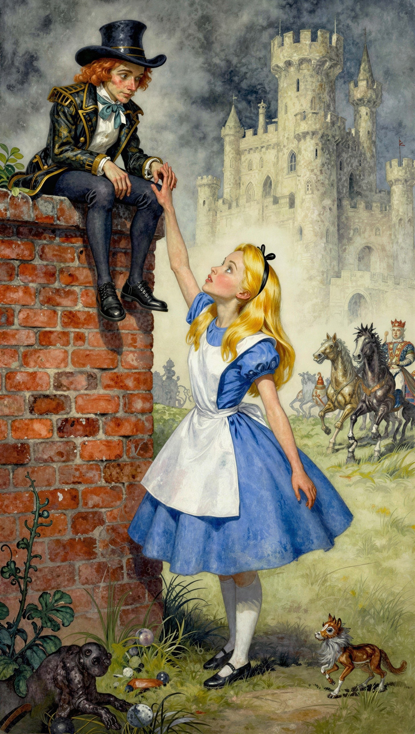 Whimsical Watercolor Scene of Alice and the Mad Hatter