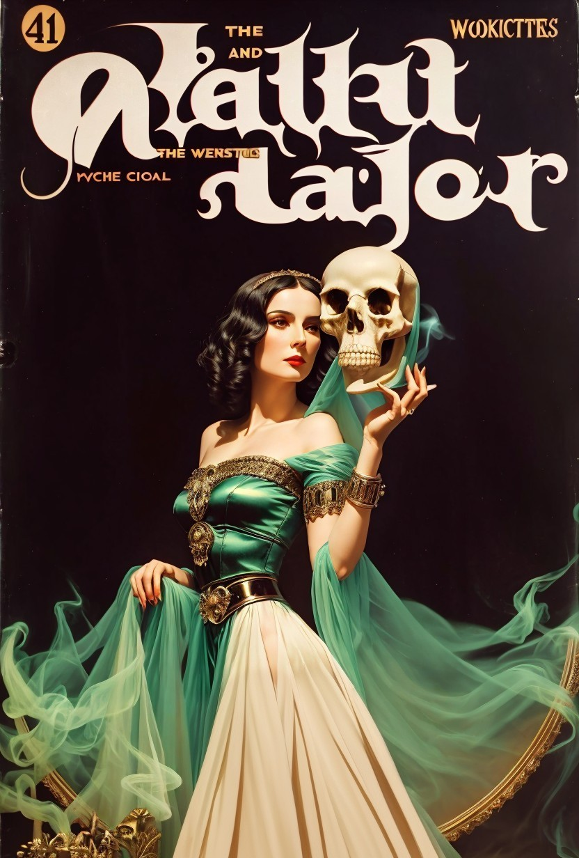 Glamorous Woman in Green Gown with Skull and Smoke