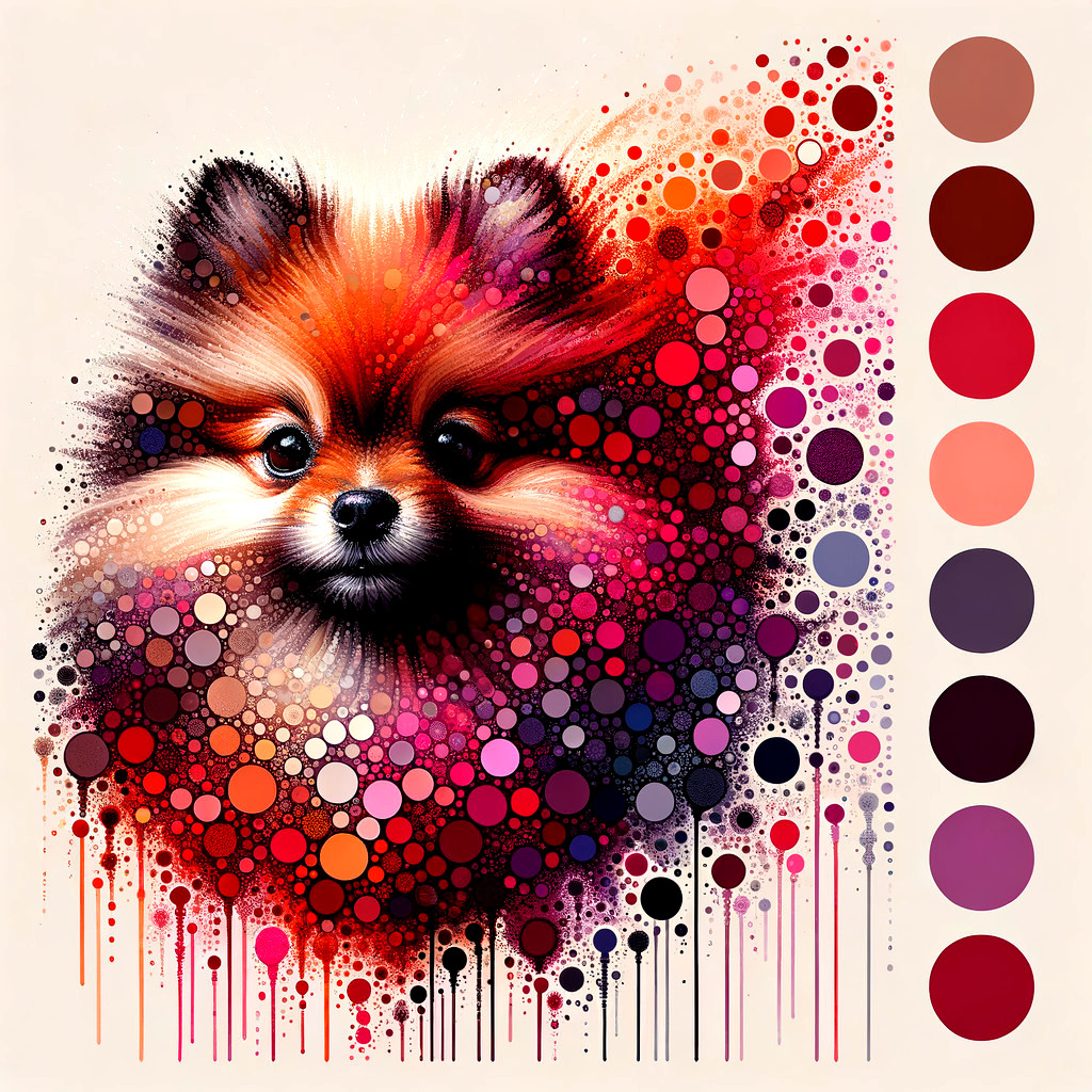 Abstract dot-based design of a Pomeranian dog in reds and pinks on light background.