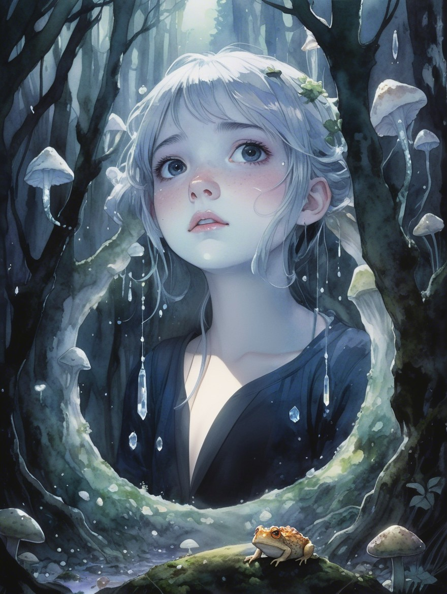 Mystical forest scene with a curious girl and frog