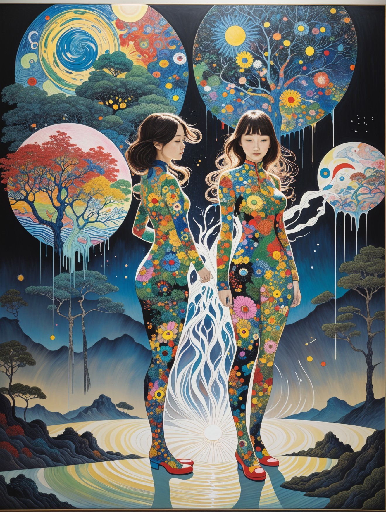 Vibrant Artwork of Women in Floral Bodysuits