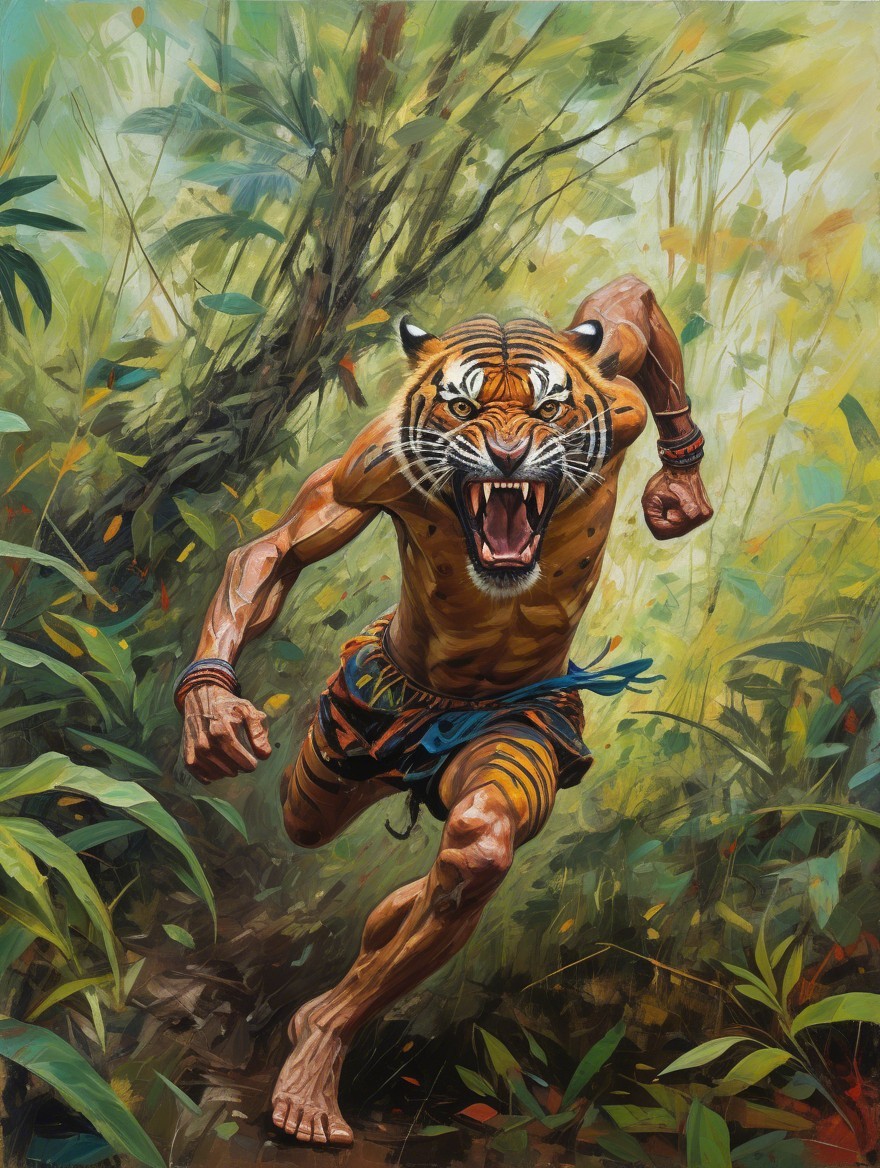 Muscular Tiger-Headed Figure Running in Jungle