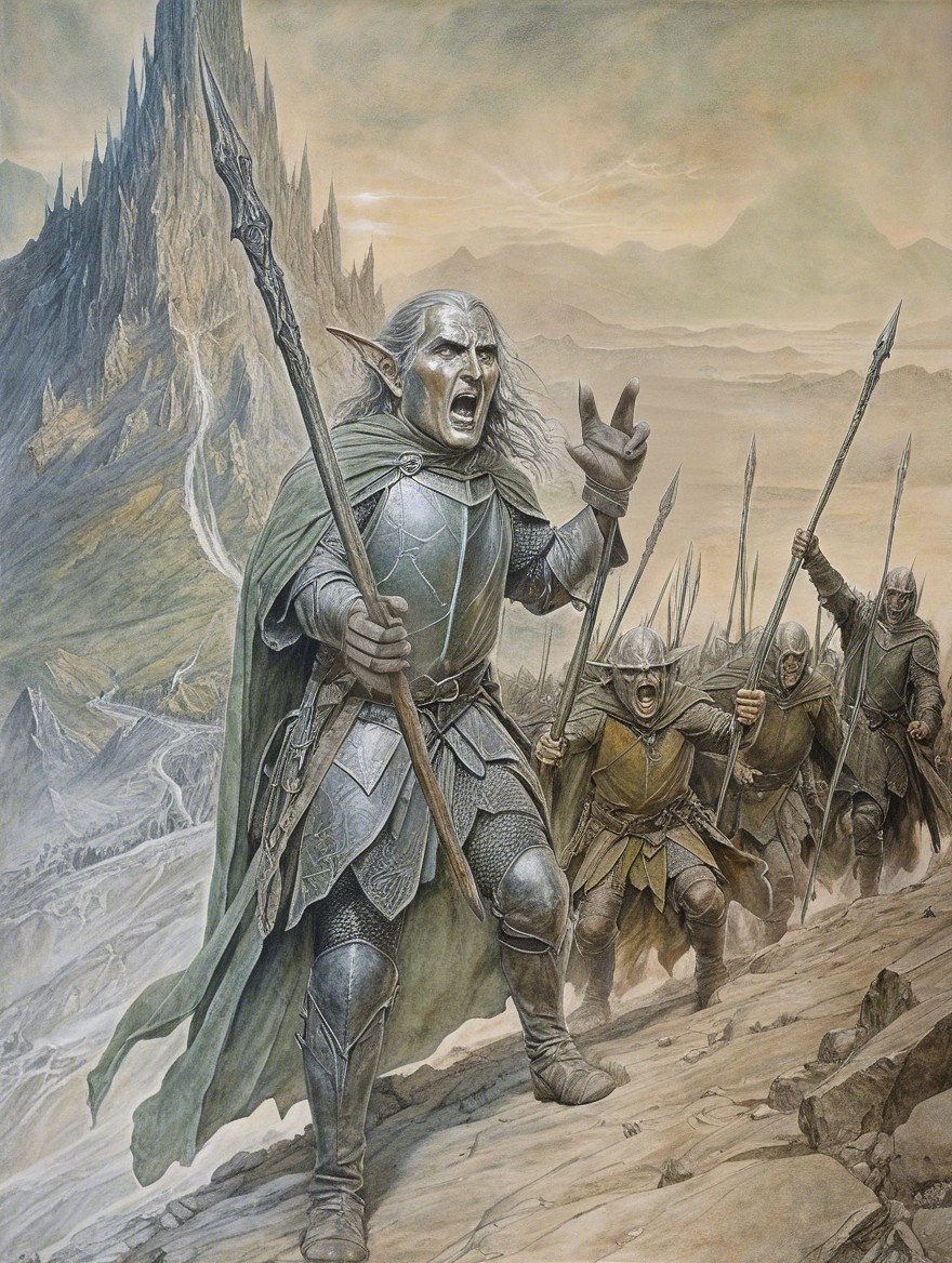 Elven Warrior Leading Armored Soldiers in Rocky Terrain