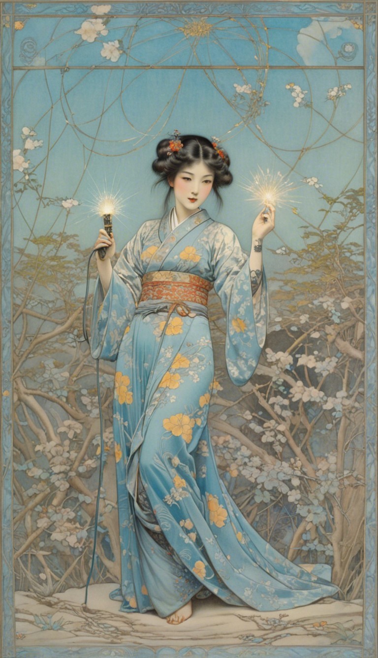 Serene Figure in Blue Kimono with Cherry Blossoms