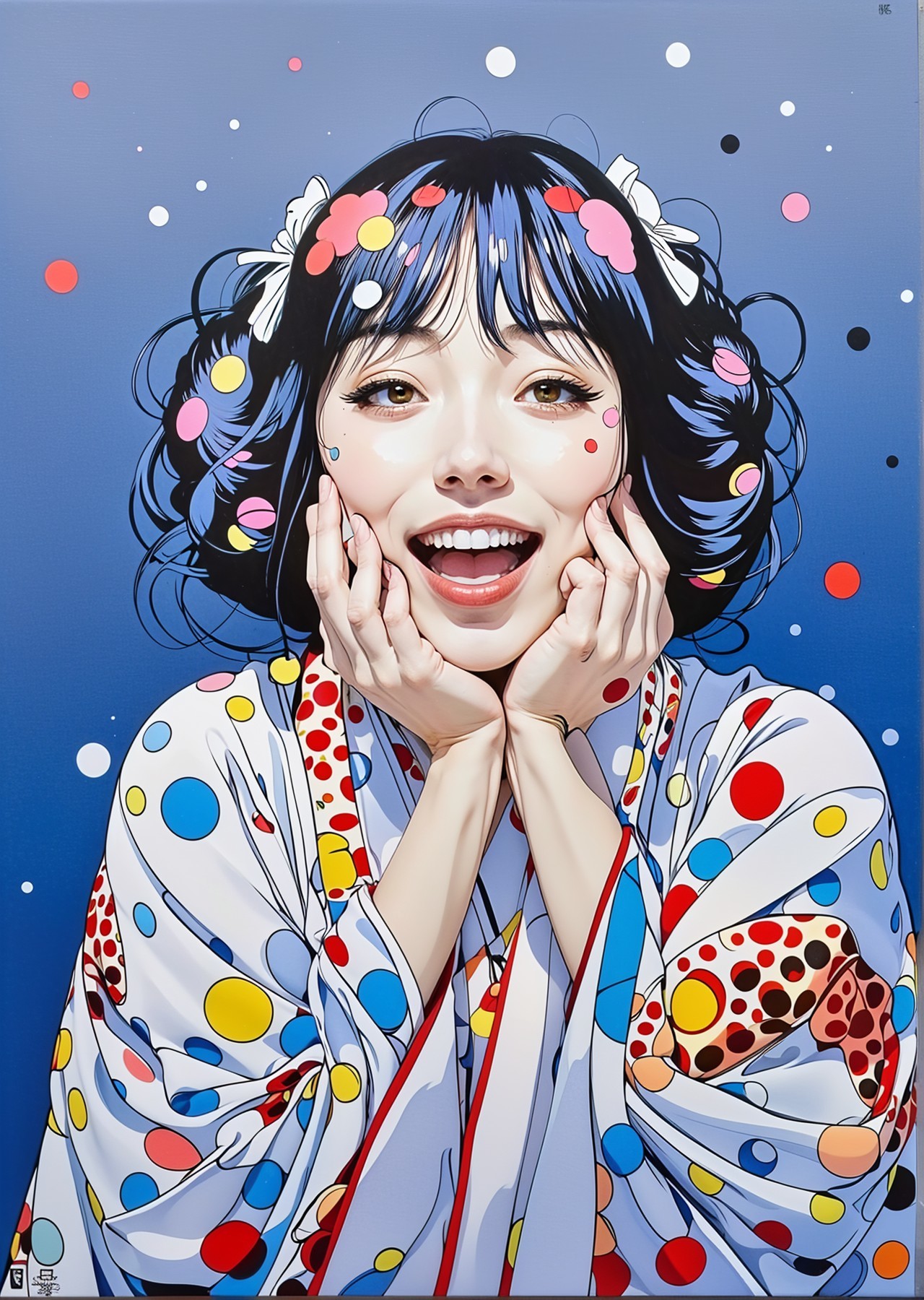 Vibrant Illustration of Woman in Colorful Kimono