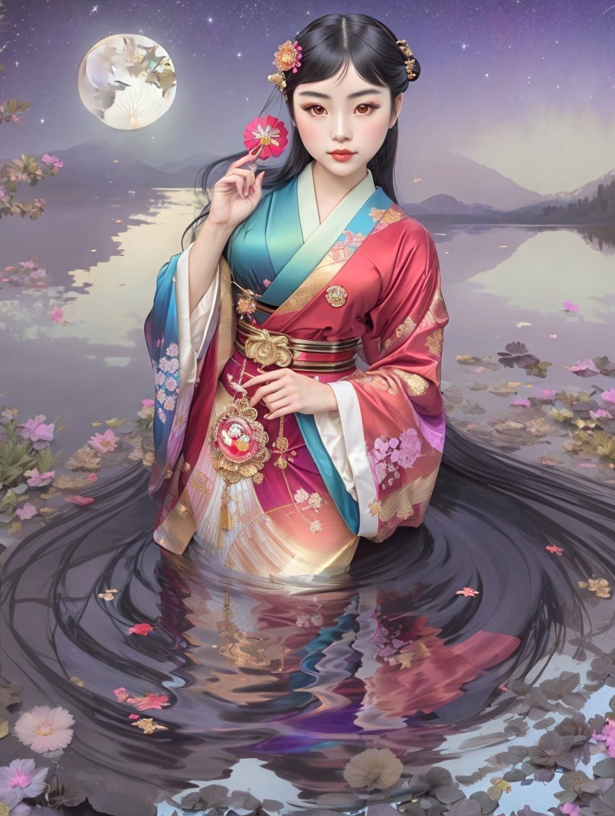 Ethereal figure in kimono by tranquil lake with lotus