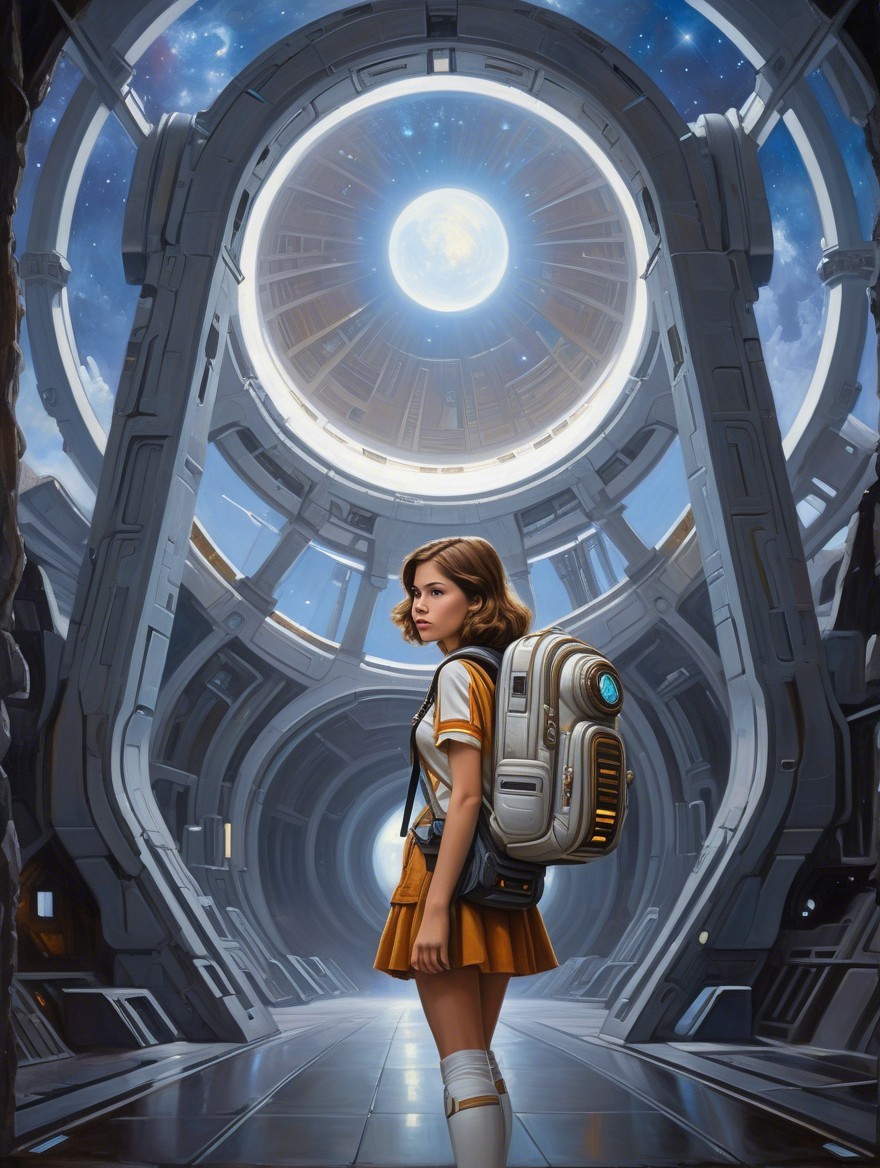 Young girl in futuristic corridor with skylight view