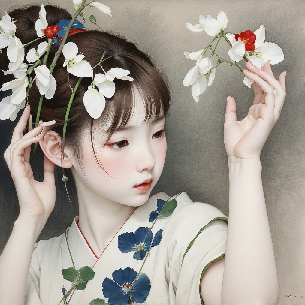 Young Woman in Traditional Kimono with Floral Accents