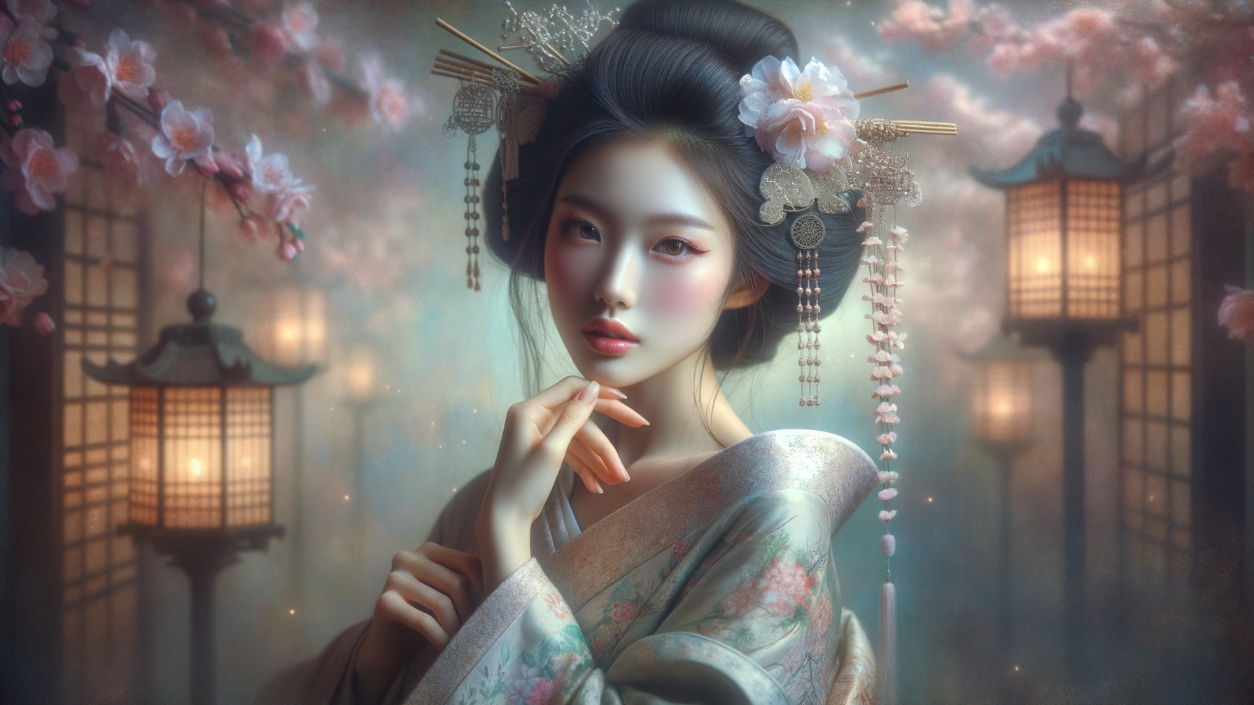 Young Woman in Kimono Surrounded by Cherry Blossoms