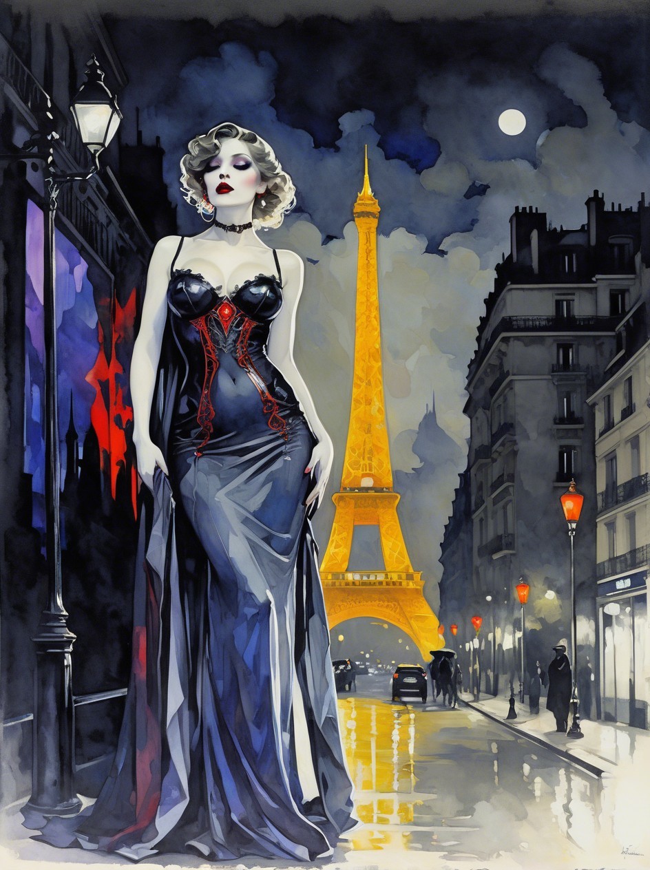Watercolor Painting of a Lady by the Eiffel Tower