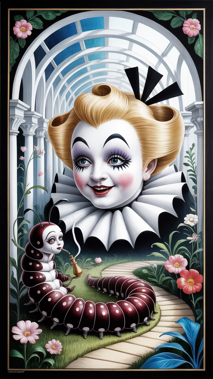 Surreal Scene with Clown Head and Caterpillar in Garden