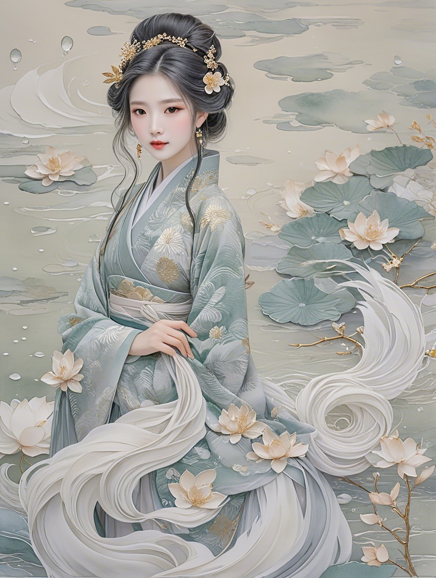 Serene Woman in Elegant Kimono Surrounded by Nature