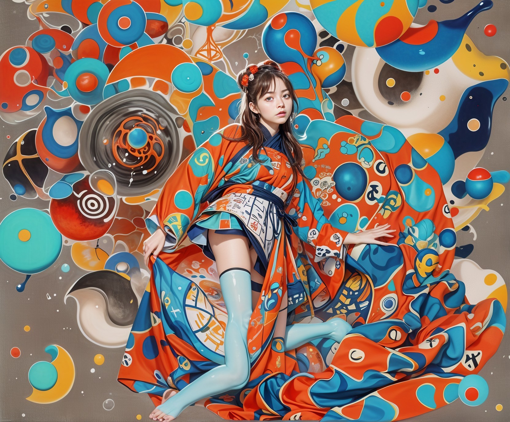 Young Woman in Colorful Kimono Against Abstract Backdrop