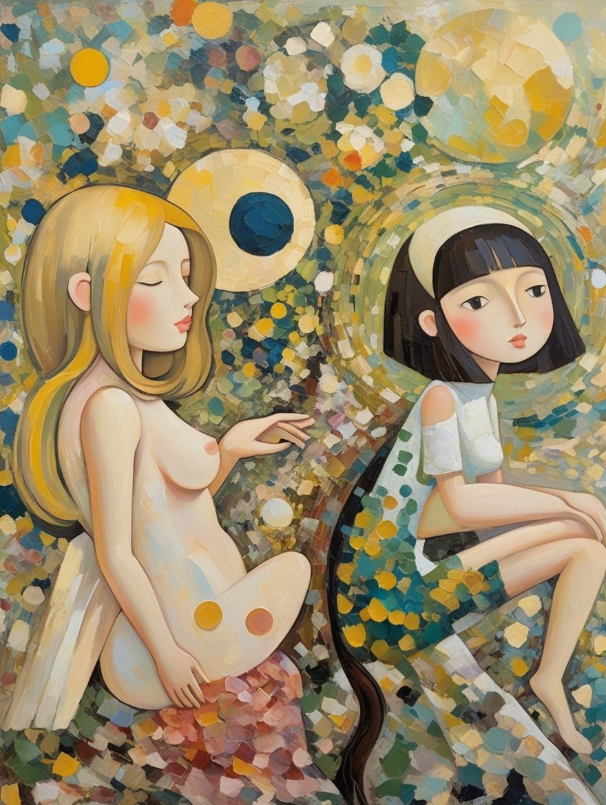 Stylized Figures in Abstract Colorful Setting